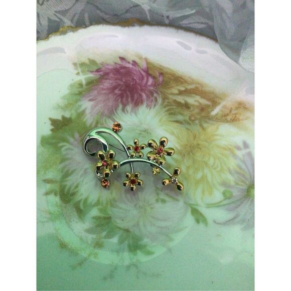 Artisan Silver Gold & Orange Floral Brooch Pin SO PRETTY! - Picture 2 of 16